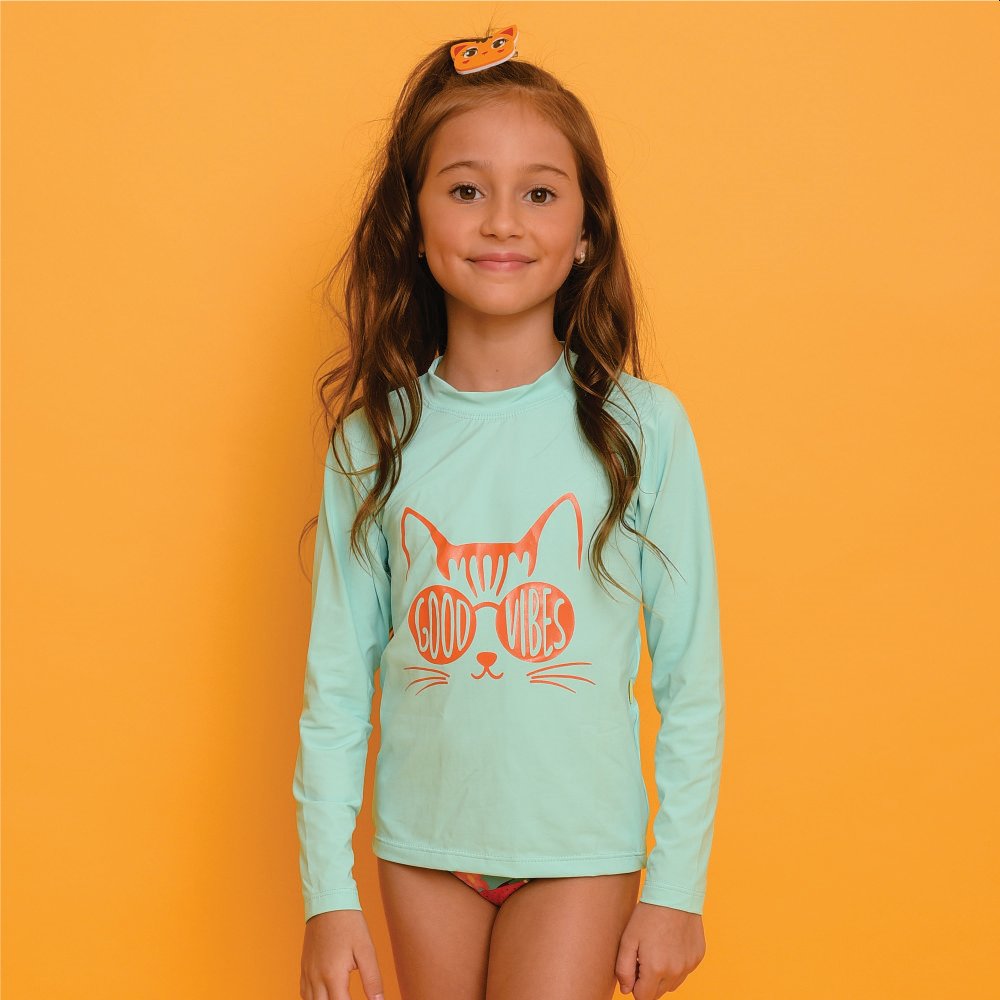 Blusa UV Magah Infantil Estampada Cats Verde Água